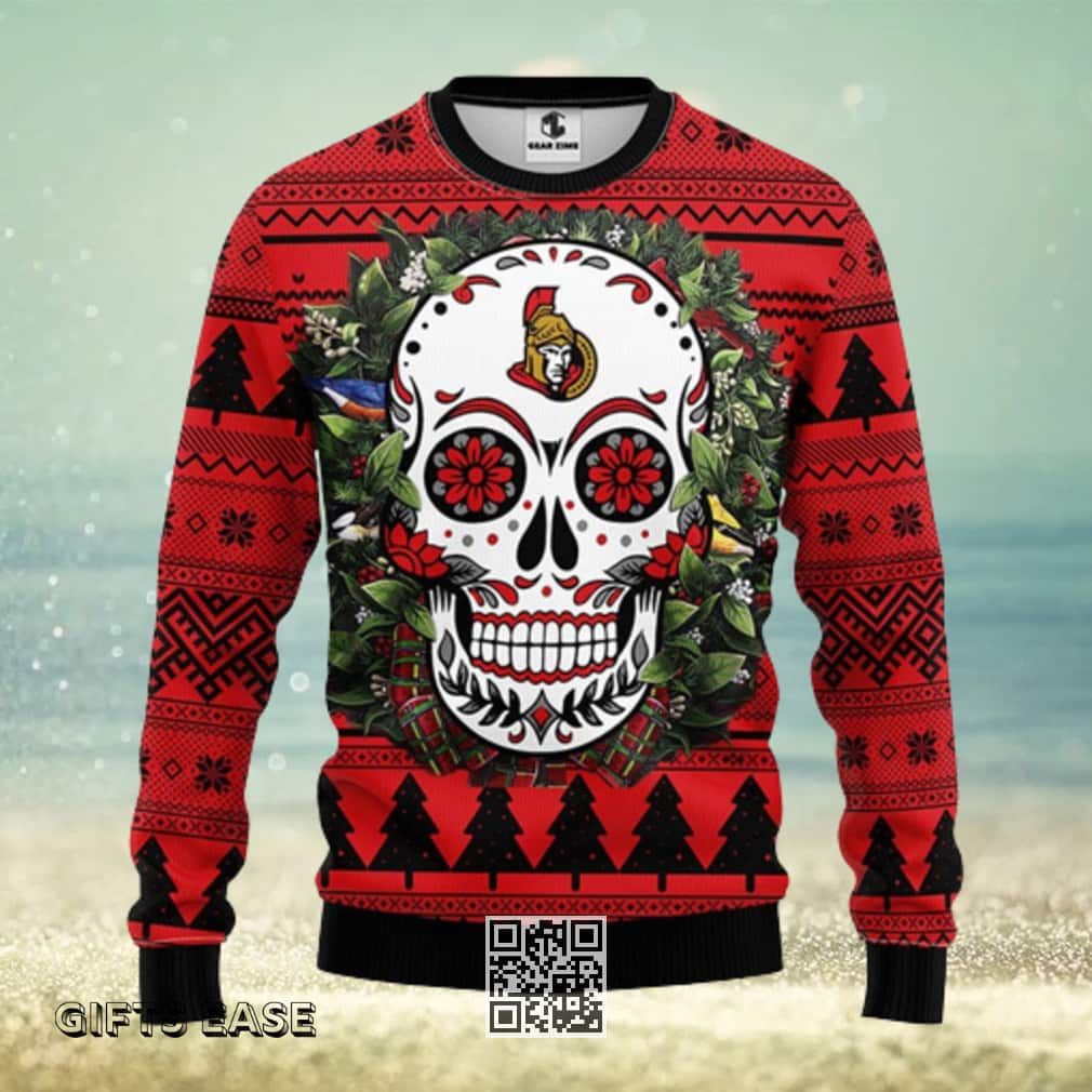 Ottawa Senators Ugly Christmas Sweater Skull Flower