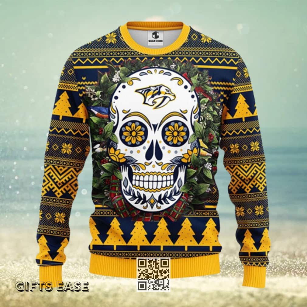 NHL Nashville Predators Ugly Christmas Sweater Skull Flower