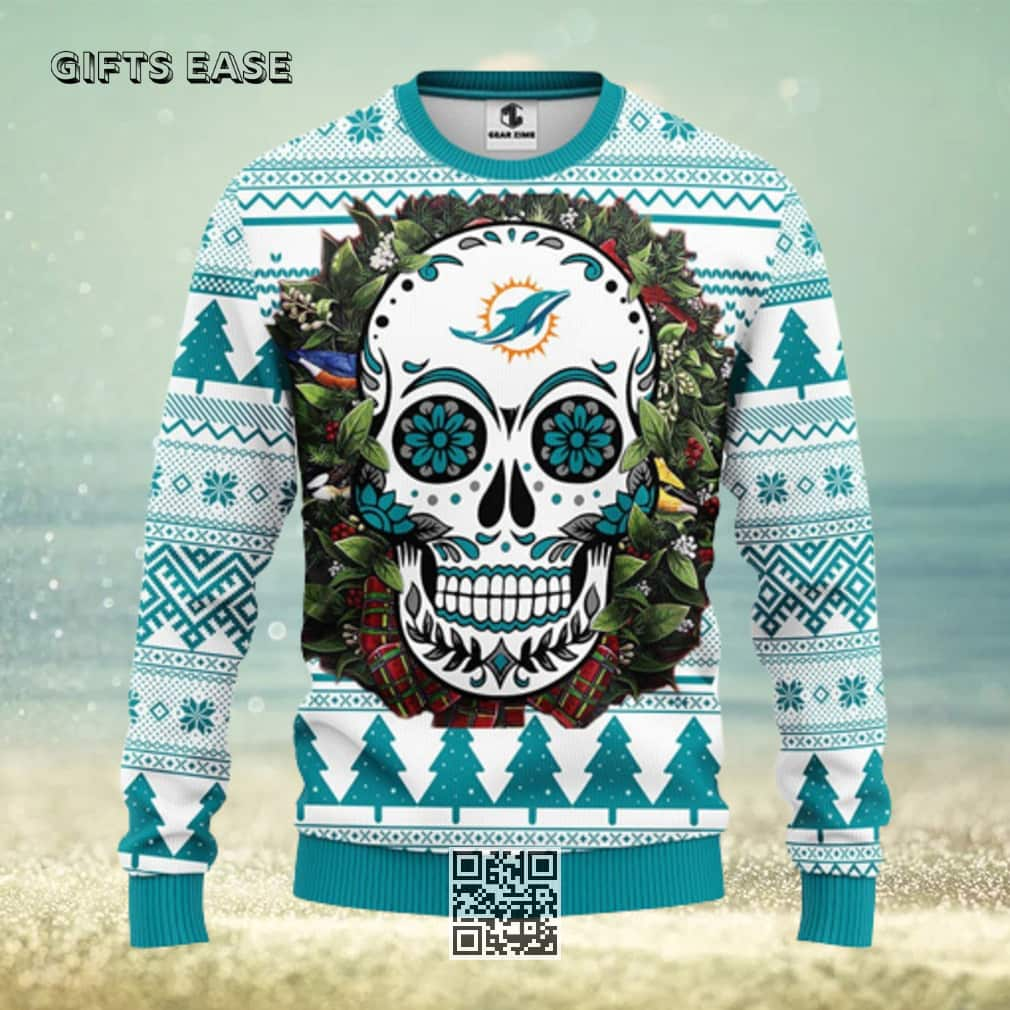 NFL Miami Dolphins Ugly Christmas Sweater Skull Flower