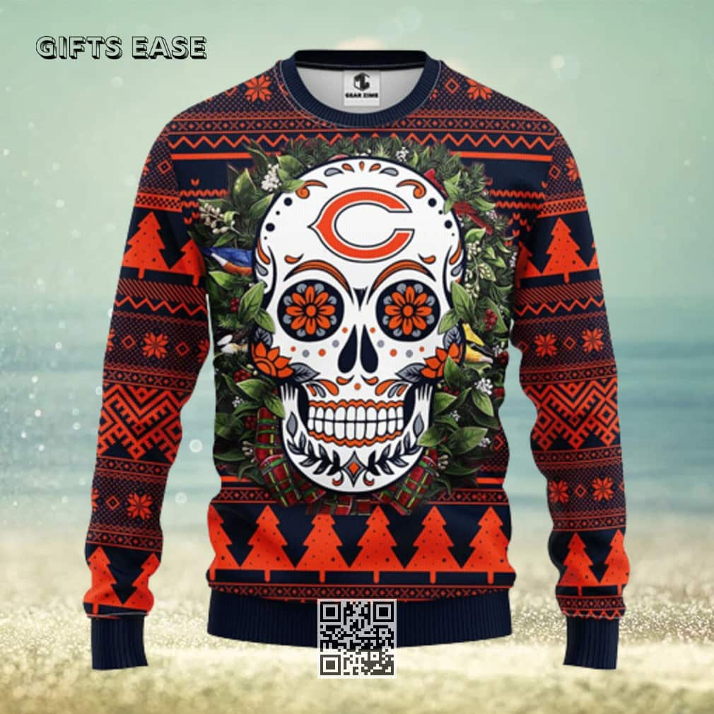 NFL Chicago Bears Ugly Christmas Sweater Skull Flower