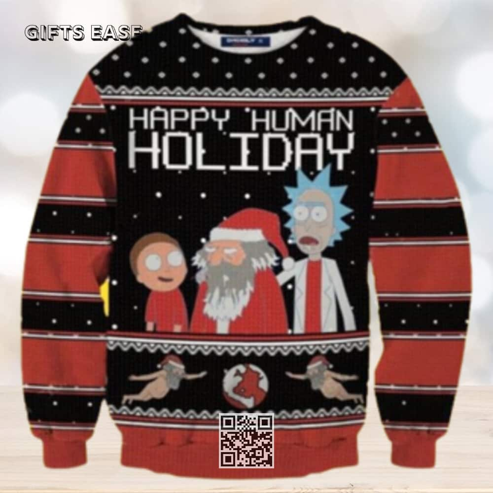 Black Red Rick And Morty Ugly Christmas Sweater Happy Human Holiday